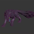 Purple Wolf 3D Model in Crouching Pose with Red Eyes Sharp Teeth and Feathery Tail