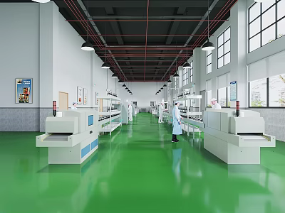 Industrial Factory Production Line Interior With Green Floor Worker And Machinery 3d model