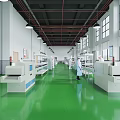 Industrial Factory Production Line Interior With Green Floor Worker And Machinery