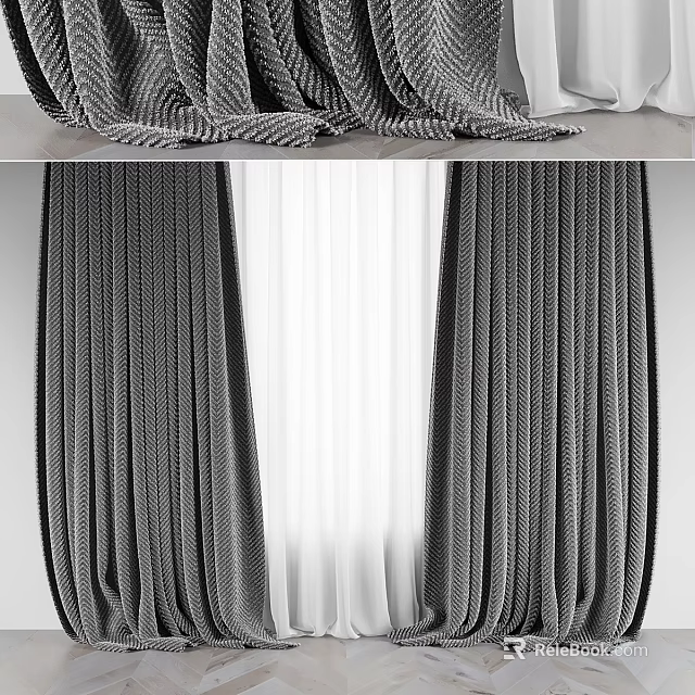 Elegant Modern Grey Textured Curtains With White Sheer Layered For Home Window 3d model 