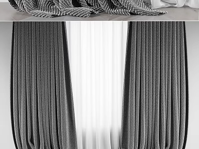 Elegant Modern Grey Textured Curtains With White Sheer Layered For Home Window 3d model