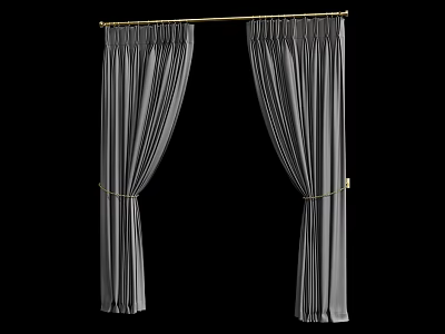 Elegant Gray Kitchen Curtains Hanging On Golden Rod With Tied Design 3d model