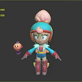 3D Cartoon Game Character With Pink Bun Hairstyle Blue Red Outfit And Small Round Companion