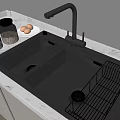Black Double Bowl Kitchen Sink with Faucet and Metal Glass Rack on Marble Countertop