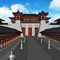 Ancient Traditional Architecture Featuring Classic Roof Courtyard Trees Blue Sky And Distant Mountains
