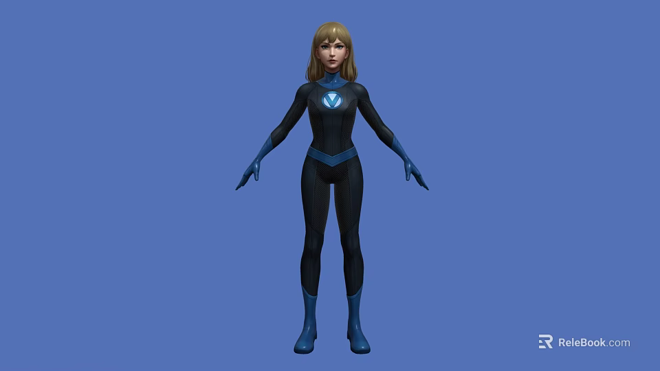 Woman in Black Bodysuit with Blue Gloves Boots and Glowing Chest Emblem Against Blue Background 3d model 