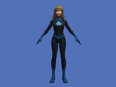 Woman in Black Bodysuit with Blue Gloves Boots and Glowing Chest Emblem Against Blue Background 3d model