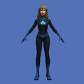 Woman in Black Bodysuit with Blue Gloves Boots and Glowing Chest Emblem Against Blue Background