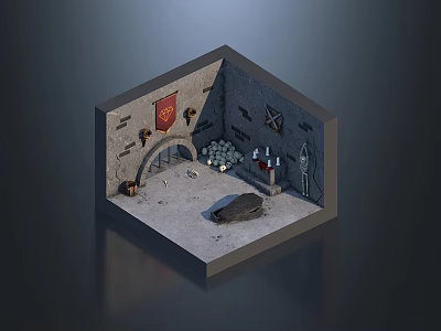 Cartoon Medieval Stone Room Scene With Archway Banner Weapons And Candles 3d model