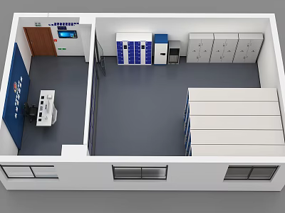 Interior Layout With Blue Wall Lockers Electronic Screen And Gray Floor 3d model