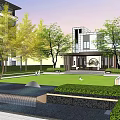 Modern Residential Landscape With Architectural Entrance Steps People And Car