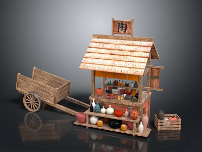 Traditional Pottery Stall With Straw Roof Wooden Cart And Ceramic Vases Jars 3d model