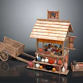 Traditional Pottery Stall With Straw Roof Wooden Cart And Ceramic Vases Jars
