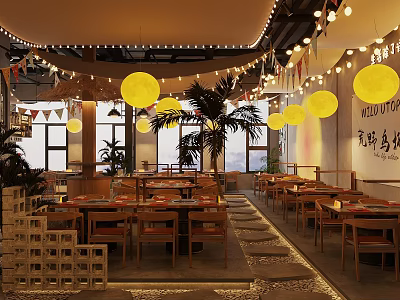 Chinese Style Hotpot Restaurant Interior With Yellow Lanterns And Wooden Dining Tables 3d model
