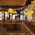 Chinese Style Hotpot Restaurant Interior With Yellow Lanterns And Wooden Dining Tables