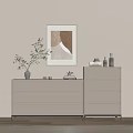 Modern White Chest of Drawers in Interior with Beige Wall Vase Books Painting and Decorations