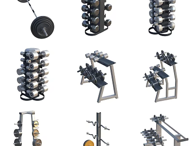 Variety of Home Gym Fitness Equipment Including Barbell Dumbbell Racks and Benches 3d model