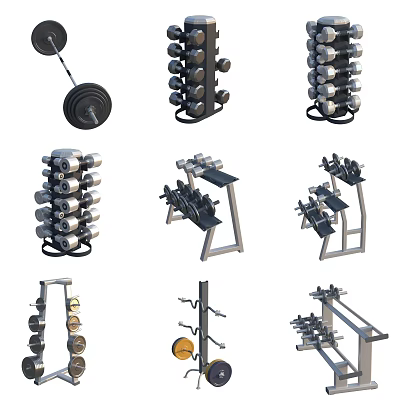 Variety of Home Gym Fitness Equipment Including Barbell Dumbbell Racks and Benches 3d model