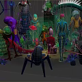 Vibrant Cartoon Scene With Colorful Characters Seated On Red Carpet And Fantastical Decorations