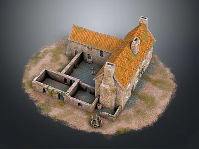 Wooden House With Orange Roof Stone Walls Two Chimneys Sandy Ground And Wooden Cart 3d model