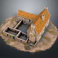 Wooden House With Orange Roof Stone Walls Two Chimneys Sandy Ground And Wooden Cart