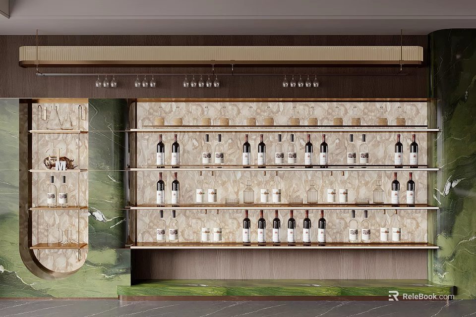 Elegant Modern Wine Cabinet With Multiple Shelves And Hanging Wine Glasses 3d model 