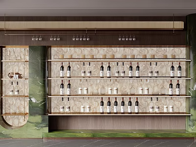 Elegant Modern Wine Cabinet With Multiple Shelves And Hanging Wine Glasses 3d model