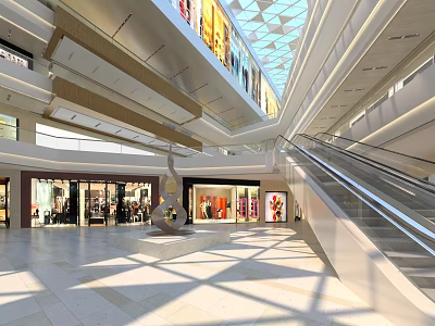 Modern Mall Lobby With Glass Skylight Escalator Storefronts And Decorative Sculpture 3d model