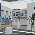 Hi tech Exhibition Hall Featuring Blue Background Circular Platform Display Models And Information Panels
