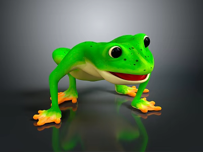 Green Reptile With Large Eyes And Orange Feet On Black Background With Reflection 3d model