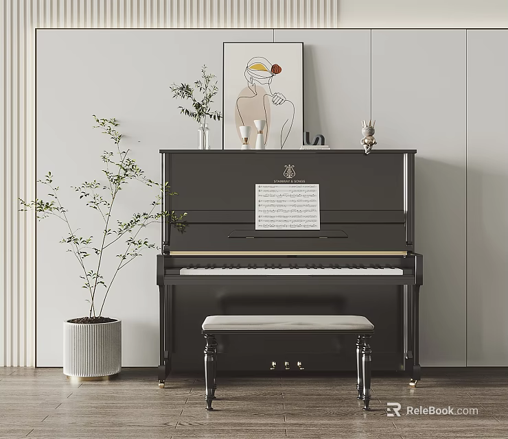 Black Piano and Art Painting Display with Music Sheet Decorative Items Potted Plant and Bench 3d model 