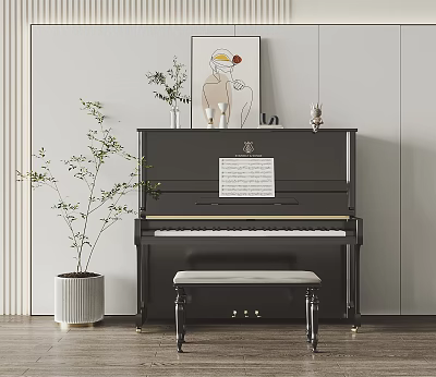 Black Piano and Art Painting Display with Music Sheet Decorative Items Potted Plant and Bench 3d model