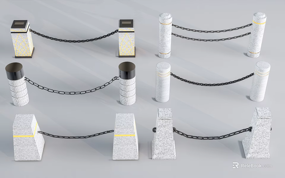 Stone And Wood Decorative Posts Connected With Black Chains For Outdoor Barrier Design 3d model 