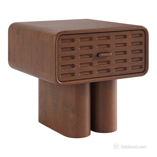 Modern Minimalist Wooden Nightstand With Slatted Front And Double Column Legs 3d model 