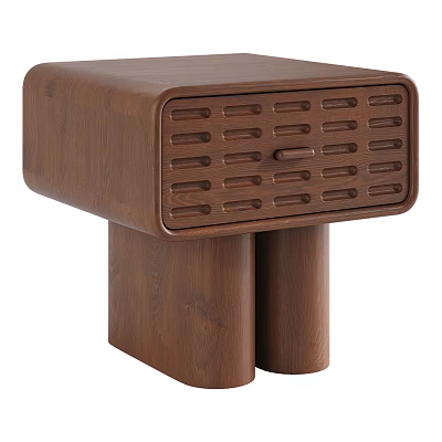 Modern Minimalist Wooden Nightstand With Slatted Front And Double Column Legs 3d model
