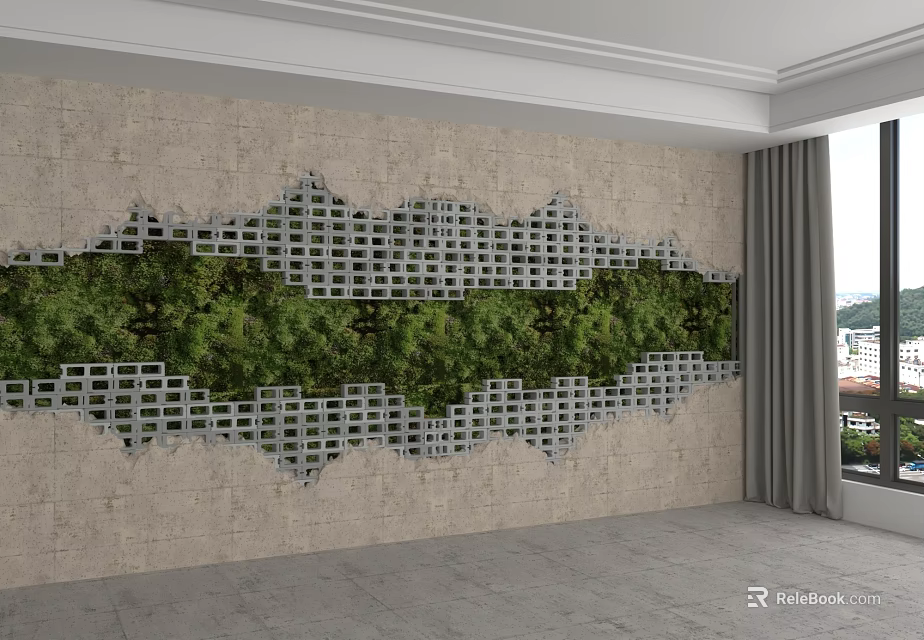 Beige Interior Wall Design With Lattice Frame And Green Plant Decor 3d model 