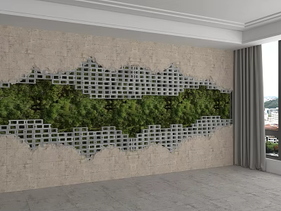 Beige Interior Wall Design With Lattice Frame And Green Plant Decor 3d model