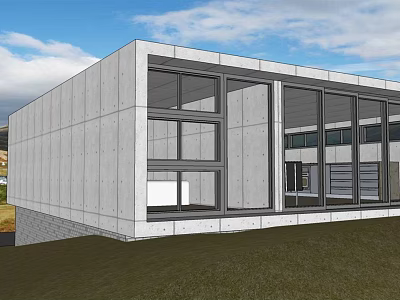 Modern Detached Villa With Concrete Exterior And Large Glass Windows On Grass Lawn 3d model