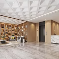 Hotel Lobby Interior Featuring Geometric Ceiling Wall of Bookshelves Green Sofa and Gray Armchairs