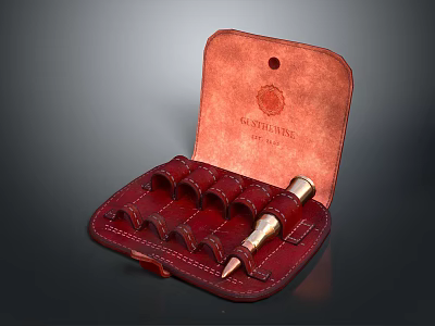 Red Leather Ammunition Case with Cartridge Slots and Brass Bullet Storage 3d model
