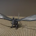 Majestic Mythical Flying Dragon With Spread Wings Standing On Grid Patterned Floor Against Gray Background