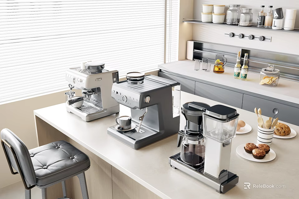Modern Kitchen Countertop With Coffee Machine Blender And Kitchen Appliances Near Window Blinds 3d model 