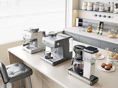 Modern Kitchen Countertop With Coffee Machine Blender And Kitchen Appliances Near Window Blinds 3d model