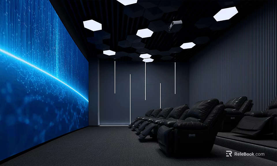 Modern Home Theater Interior Design With Large Screen Black Leather Seats And Hexagonal Ceiling Lights 3d model 