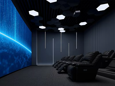 Modern Home Theater Interior Design With Large Screen Black Leather Seats And Hexagonal Ceiling Lights 3d model