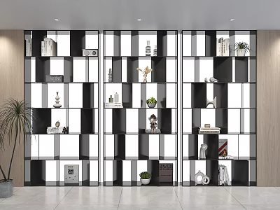 Modern Black White Grid Shelf Unit With Books Decorative Items And Potted Plants 3d model