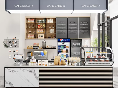 Cafe Bakery Reception Counter With Marble Top Coffee Machine Beverage Cooler And Pastry 3d model