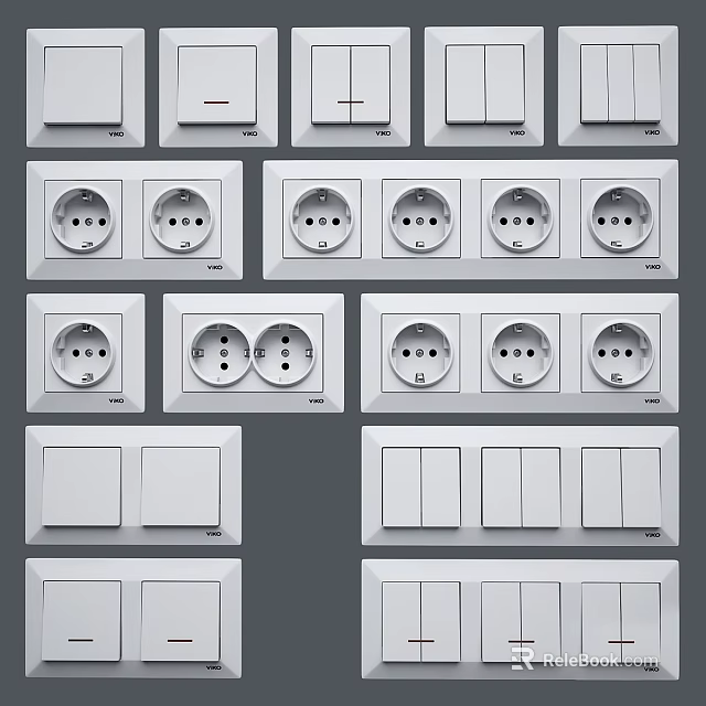 White Modern Switch Panels With Single Double Switches And Power Sockets 3d model 