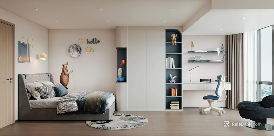 Cozy Kids Room With Comfortable Bed Hello Sign Star Moon Decorations Wardrobe Bookshelf Desk Chair 3d model 
