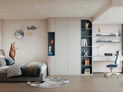 Cozy Kids Room With Comfortable Bed Hello Sign Star Moon Decorations Wardrobe Bookshelf Desk Chair 3d model